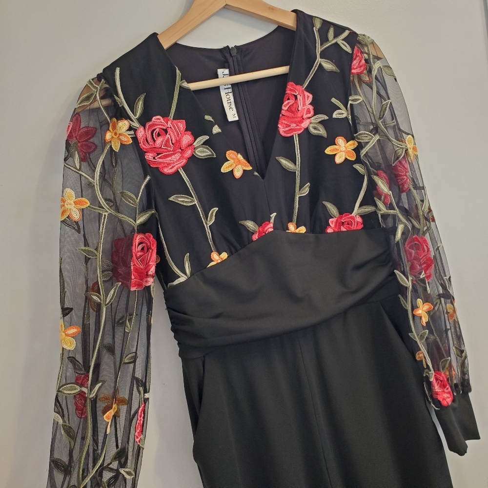 JJ's House Medium Wide Leg pantsuit Formal Jumper Floral Longsleve Black Sheer